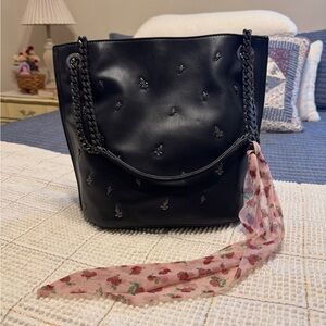 Betsey Johnson Black Shoulder Bag with Pink Floral Scarf